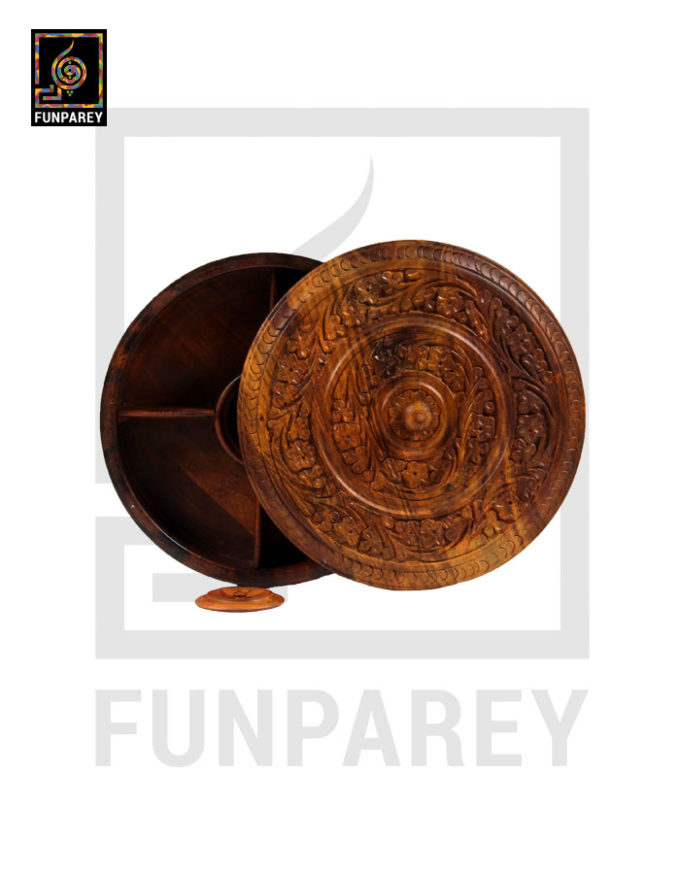 10 inch Hand Carved Wooden Dry Fruit Bowl With Compartments