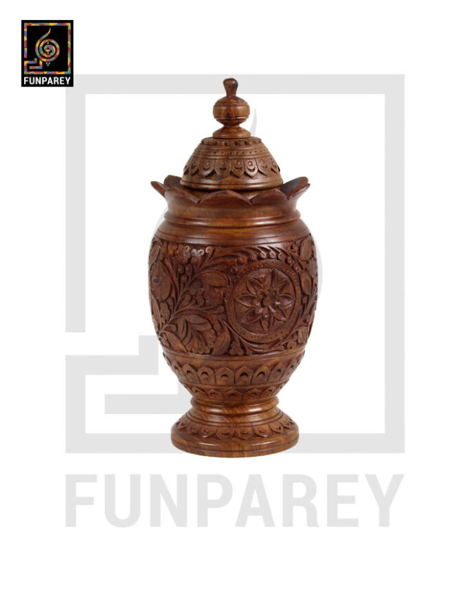 Hand Carved Wooden Jar 12" With Collar