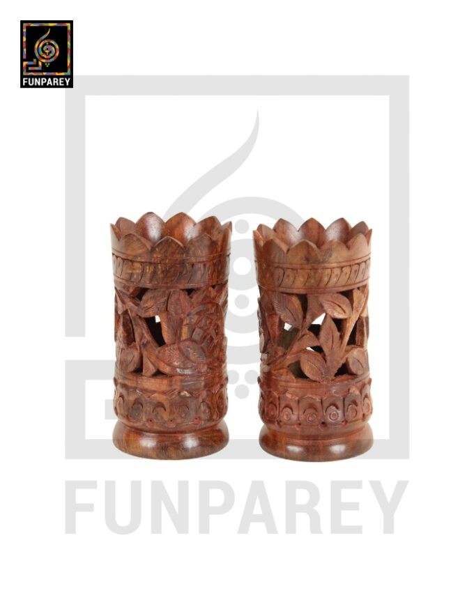 Hand Carved Wooden Flower Pot 7" Pair (Labyrinth)