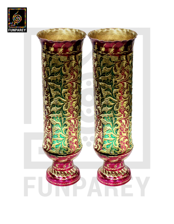 Handmade 16" Cylindrical Brass Vase Pair 'Floral Motif'