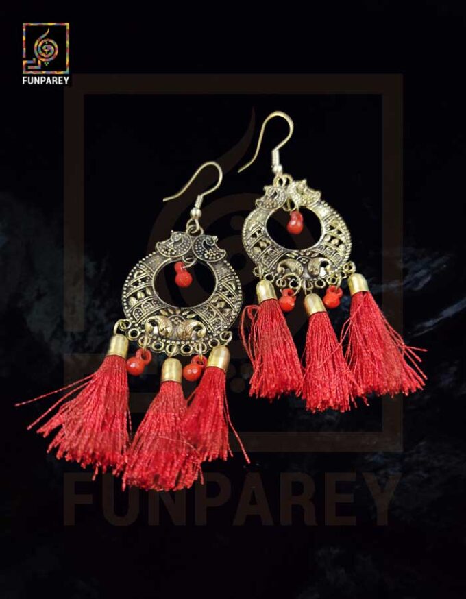 Tribal Oxidized Metal Golden Moon Earrings "Red Tussle"