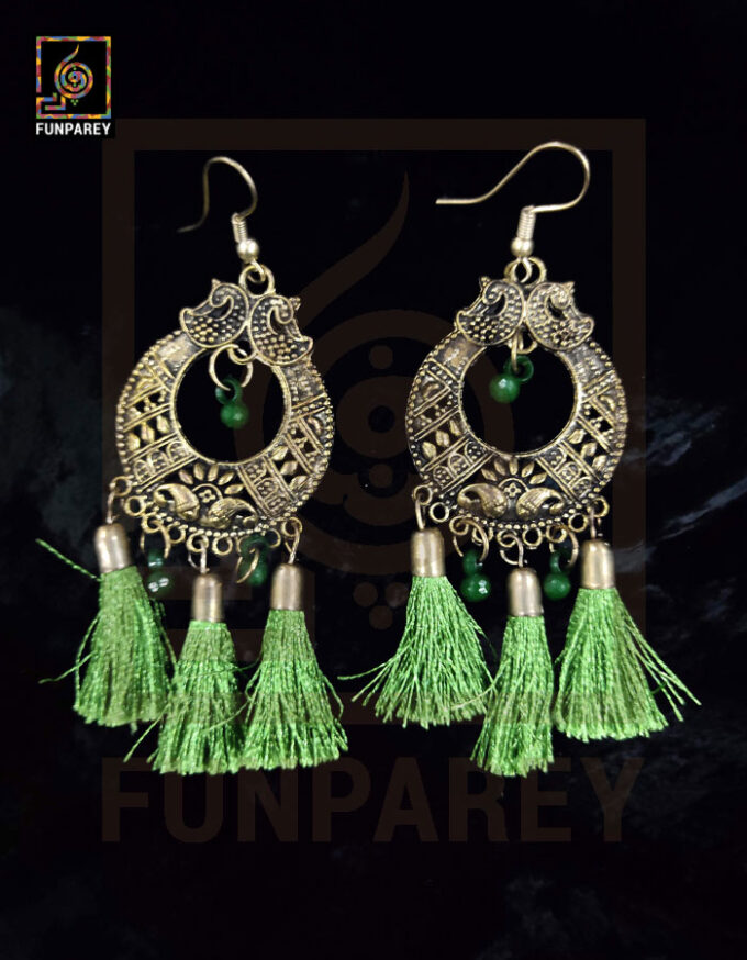Tribal Oxidized Metal Golden Moon Earrings "Green Tussle"