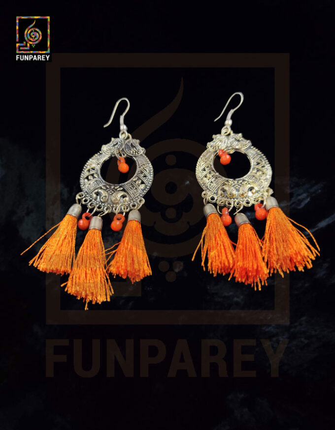 Tribal Oxidized Metal Golden Moon Earrings "Orange Tussle" - Image 5