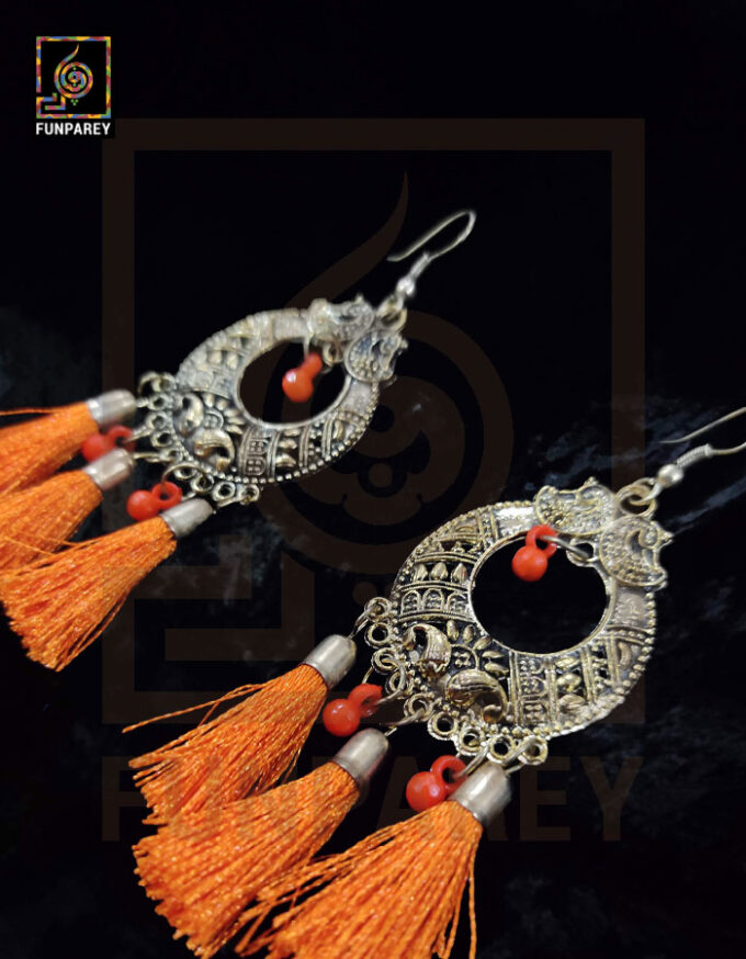 Tribal Oxidized Metal Golden Moon Earrings "Orange Tussle" - Image 4