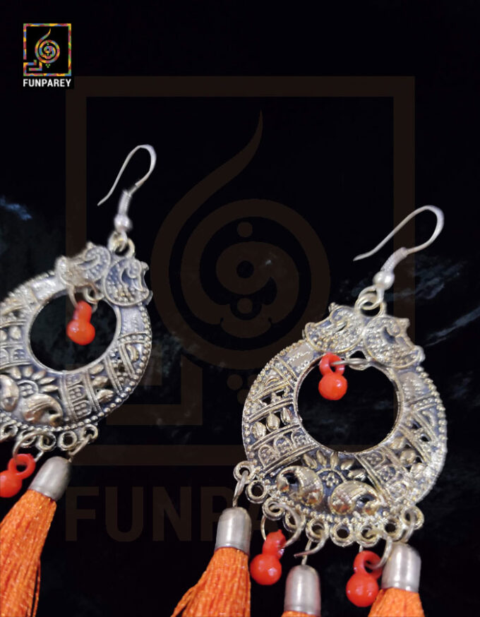 Tribal Oxidized Metal Golden Moon Earrings "Orange Tussle" - Image 3