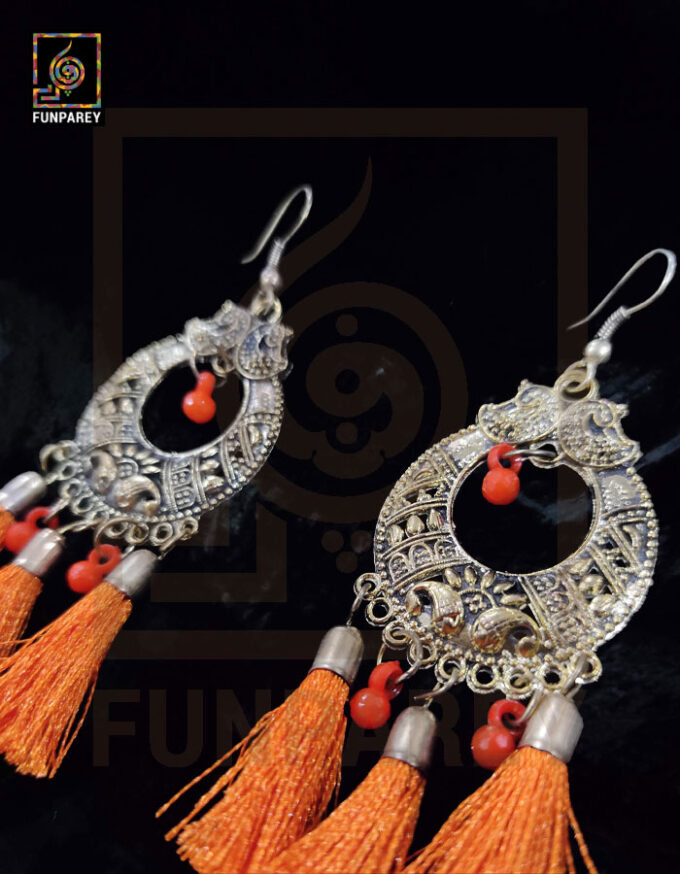 Tribal Oxidized Metal Golden Moon Earrings "Orange Tussle" - Image 2