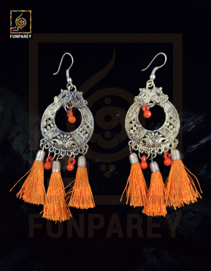 Tribal Oxidized Metal Golden Moon Earrings "Orange Tussle" - Image 6