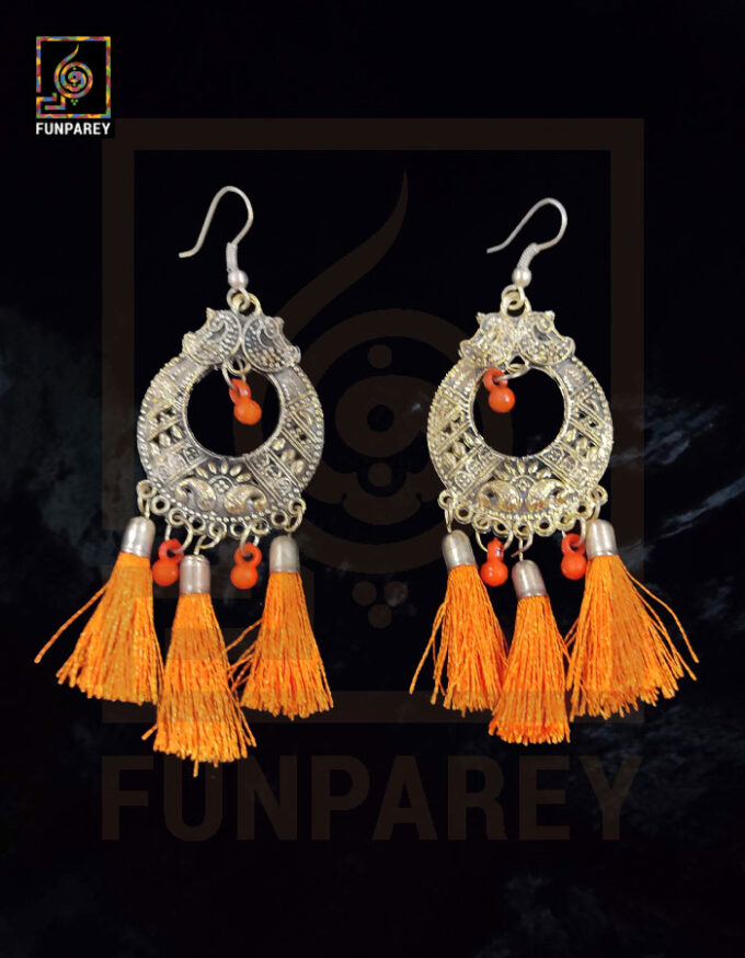 Tribal Oxidized Metal Golden Moon Earrings "Orange Tussle"