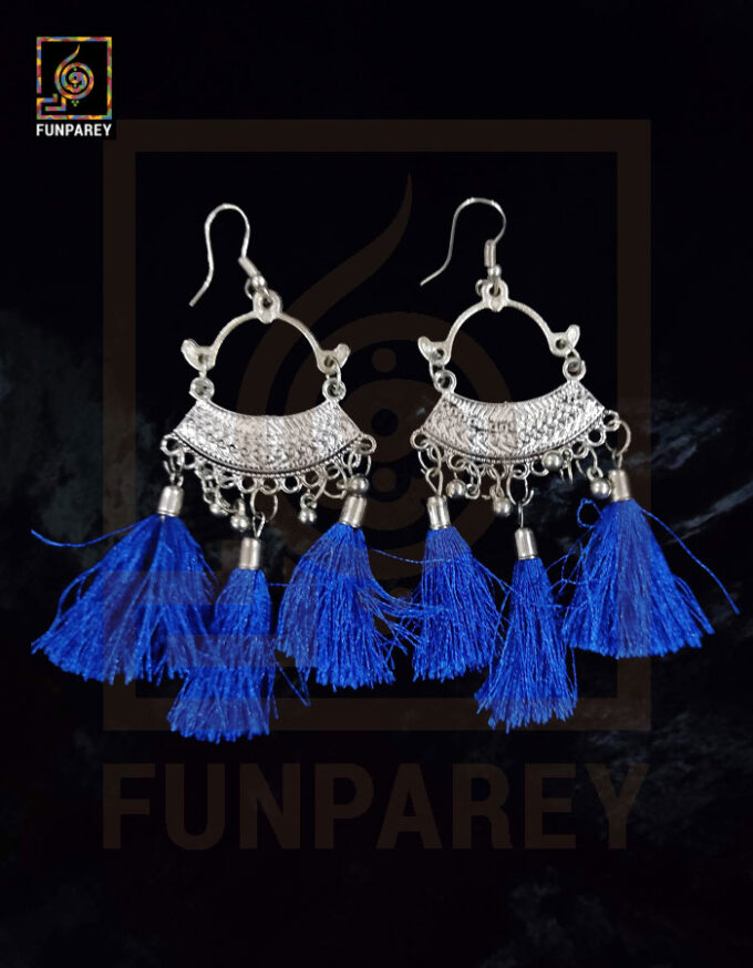 Ethnic Oxidized Metal Arch Earrings "Blue Tussle"