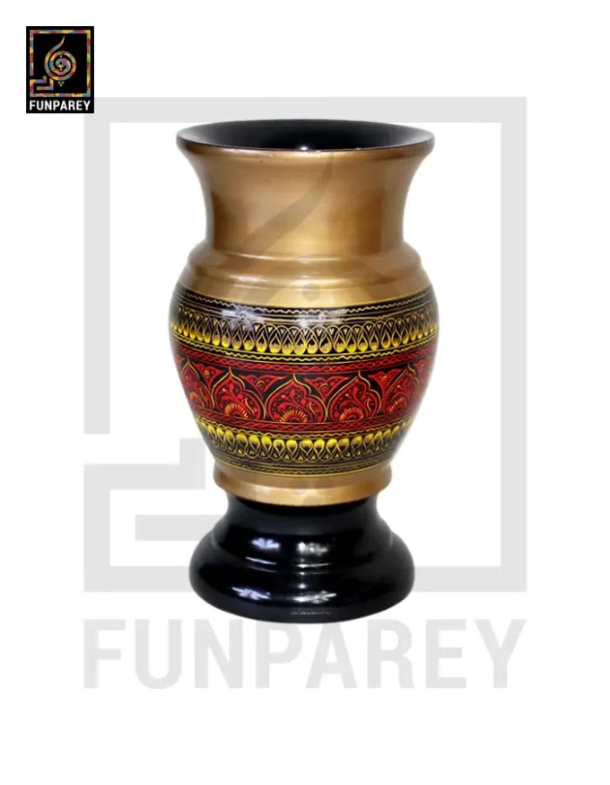 Wooden Flower Pot With Red Nakshi Art 9" Golden