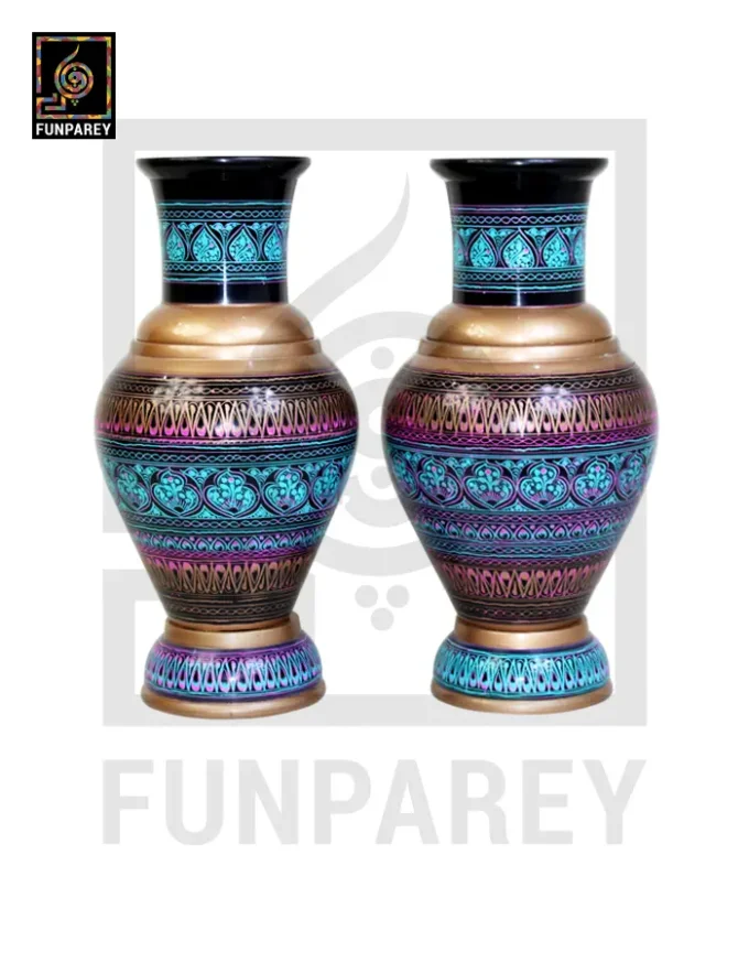 Handmade Wooden Vase Pair with Nakshi Art - 13" Electric Blue