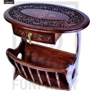Handmade Wooden Magazine Table 20" with Brass and Caving Work