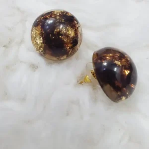 Black Round Resin Earrings with Gold Flakes